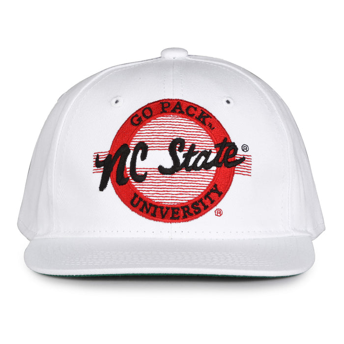 NC State Retro Circle snapback hat in white, front view