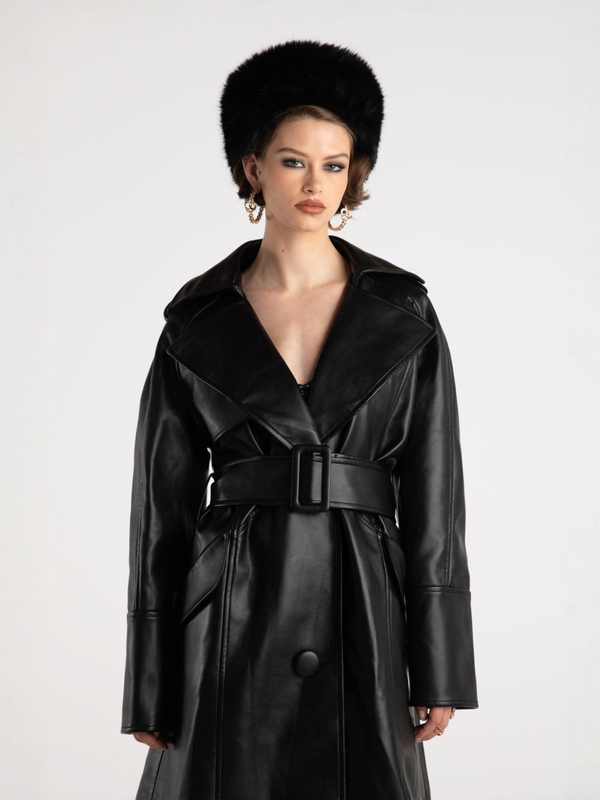 Keira Leather Trench Coat (Black) (Final Sale)