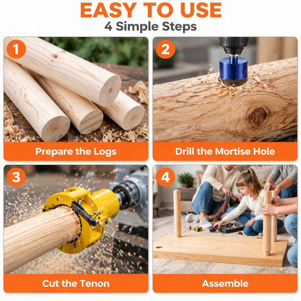 Tenon Cutter, Premium Aluminum Steel Log Furniture Cutter with Dual Curved Blades, DIY Woodworking Tool Kit