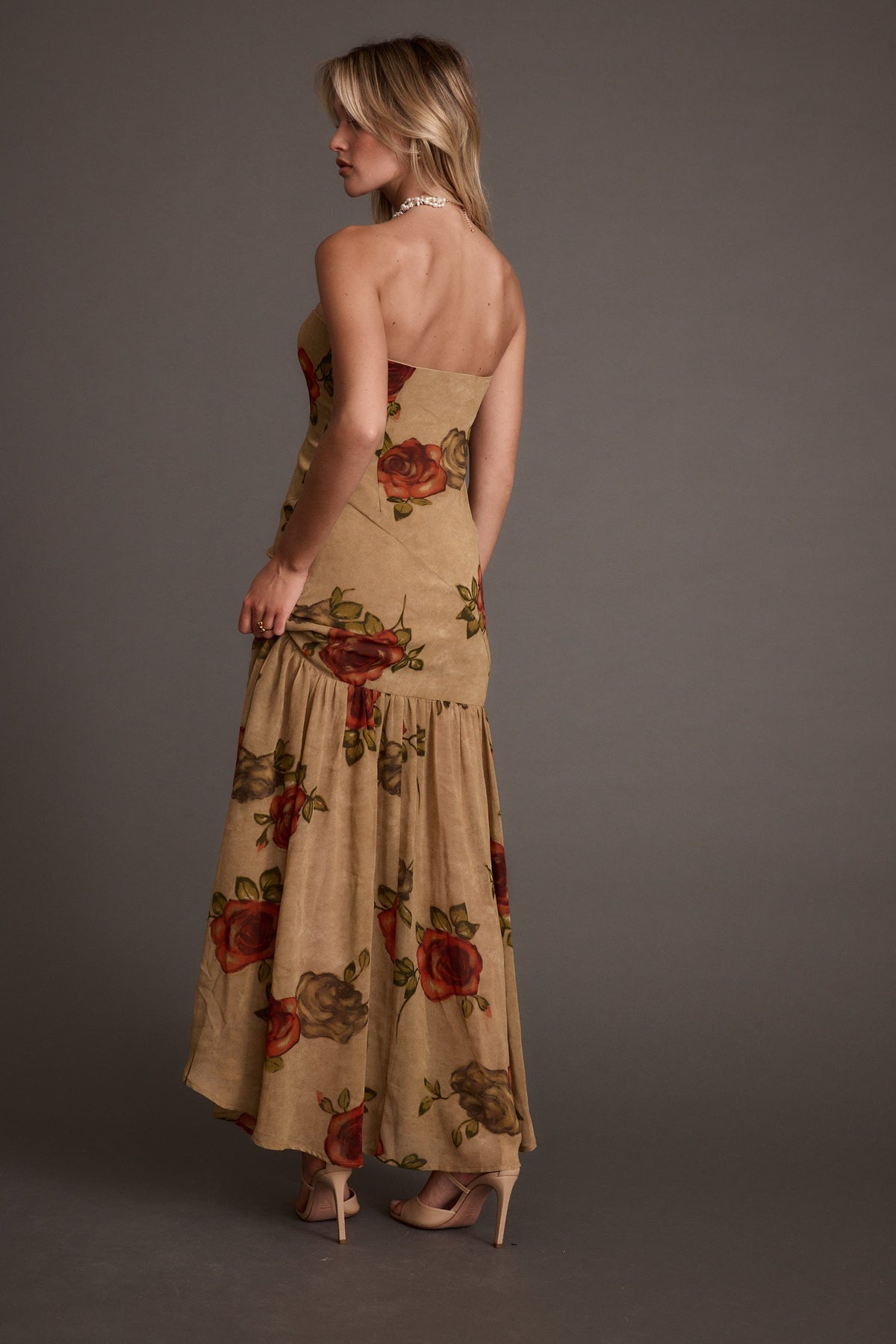 LaBelle Tan Floral Drop Waist Maxi Dress