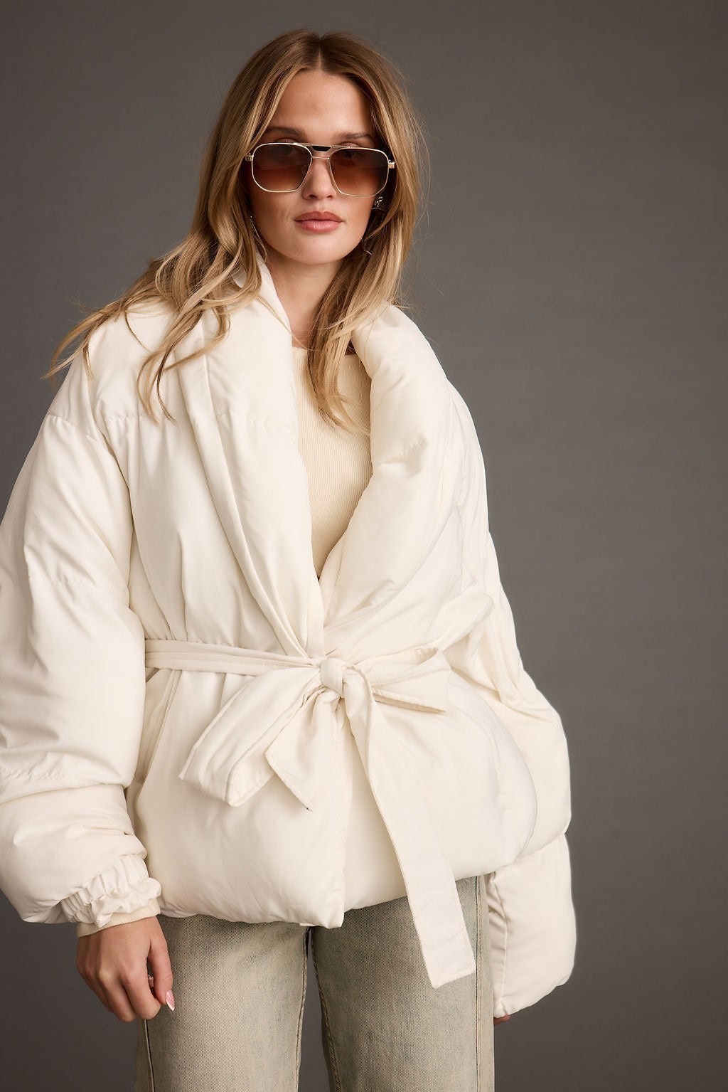 Maverick White Belted Puffer Coat