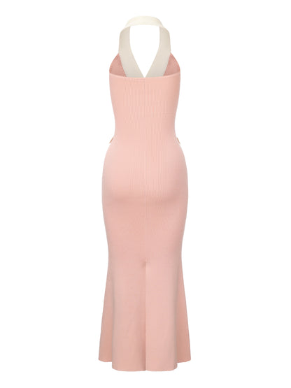 Giana Contrast Halter Knit Pink Maxi Dress
