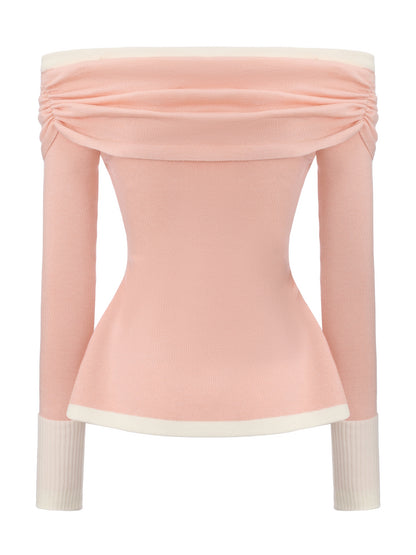 Colette Off-Shoulder Contrast Knit Pink Top