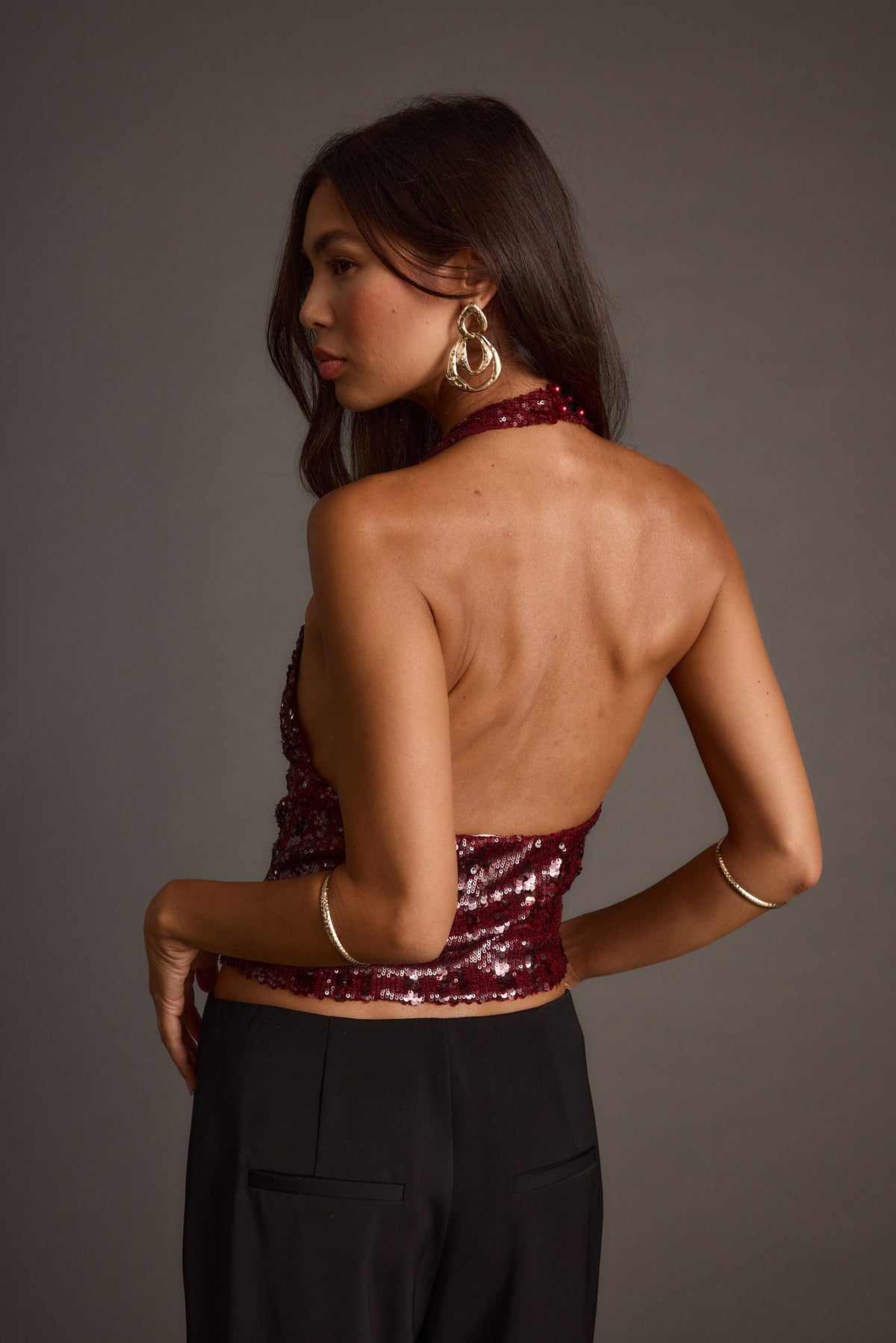 Selena Mulberry Sequin Halter Top