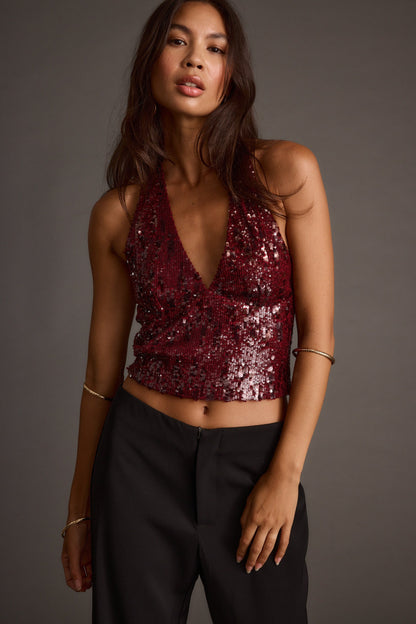 Selena Mulberry Sequin Halter Top