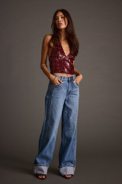 Selena Mulberry Sequin Halter Top