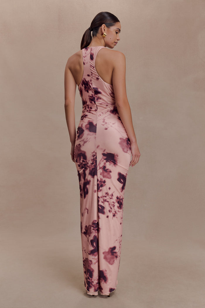 Alessandra Slinky Ruffle Maxi Dress - Pink Blurred Floral Print