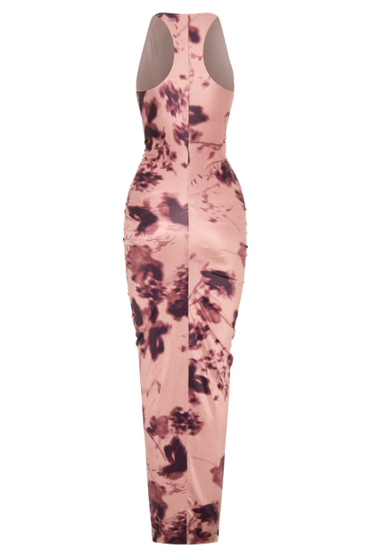 Alessandra Slinky Ruffle Maxi Dress - Pink Blurred Floral Print
