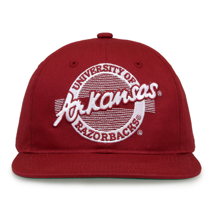 Arkansas Razorbacks Retro Circle snapback hat in cardinal red, front view