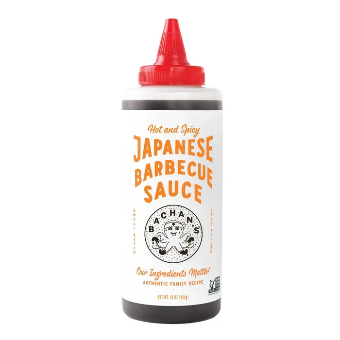 Bottle of Japanese barbecue sauce with a red cap on a white background