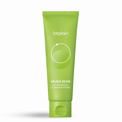 green beplain mung bean ph-balanced cleansing foam tube on a clean white background with crisp packaging details and a soft shadow