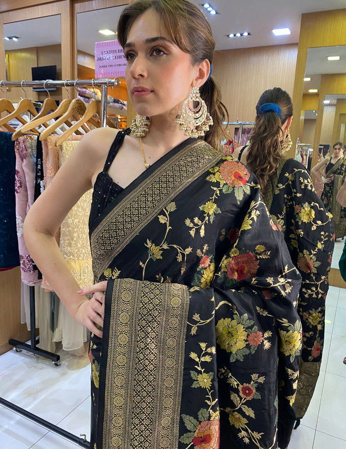 Black Floral Silk Saree