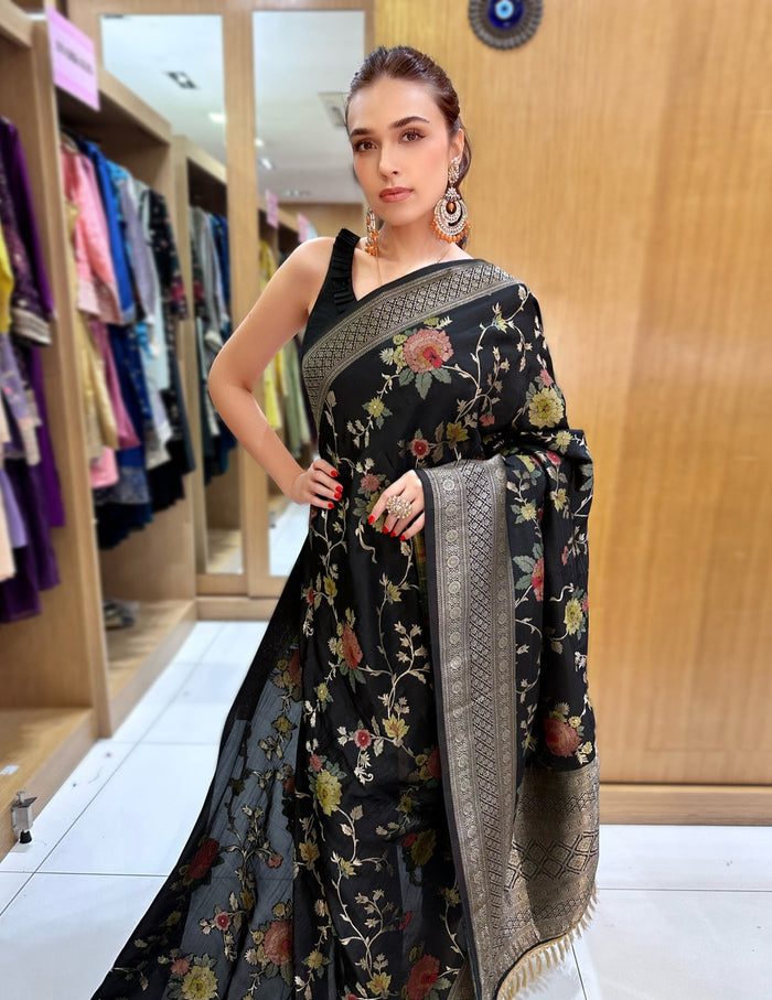 Black Floral Silk Saree