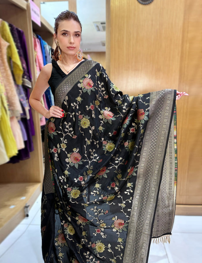 Black Floral Silk Saree