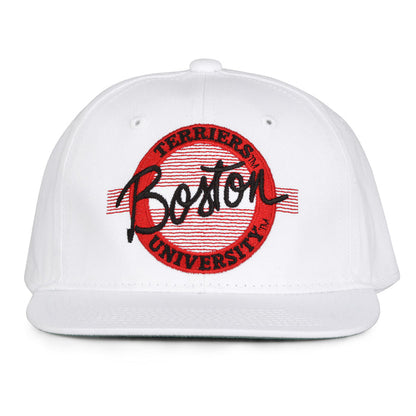 Boston Retro Circle snapback hat in white, front view