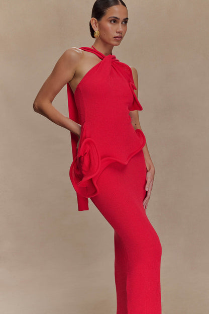 Caprice Halter Knit Maxi Dress - Red