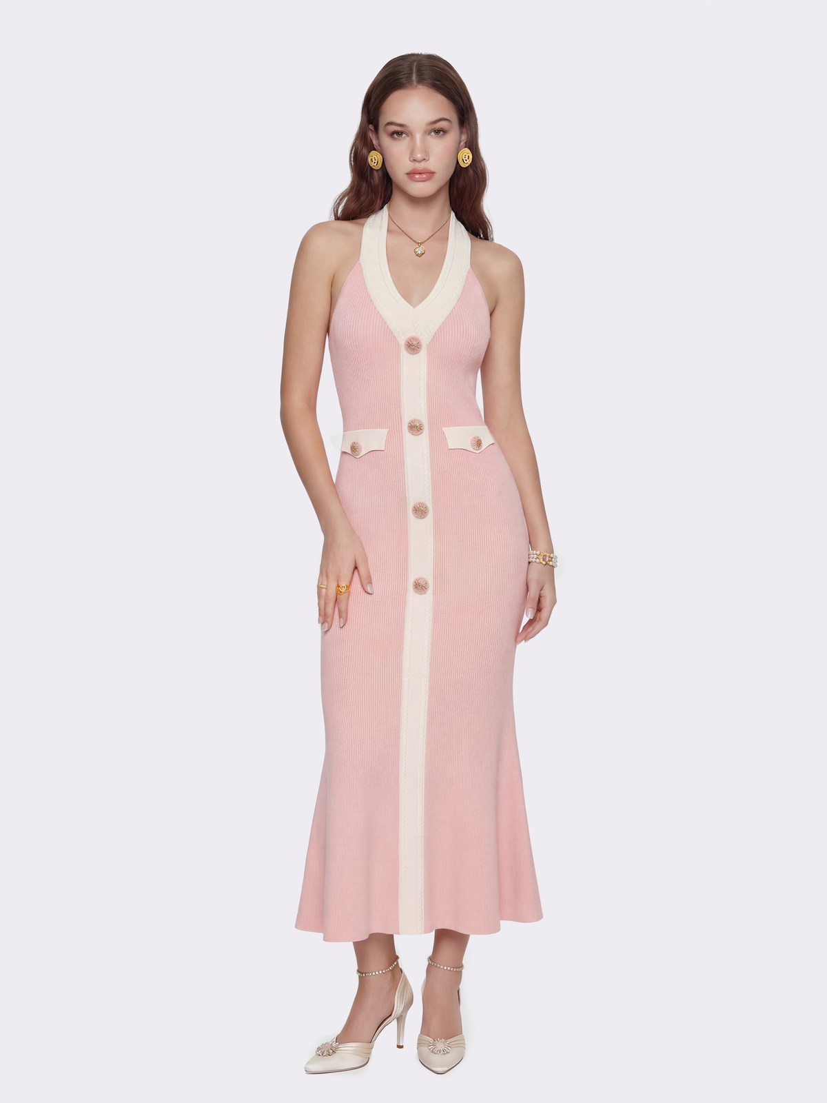 Giana Contrast Halter Knit Pink Maxi Dress