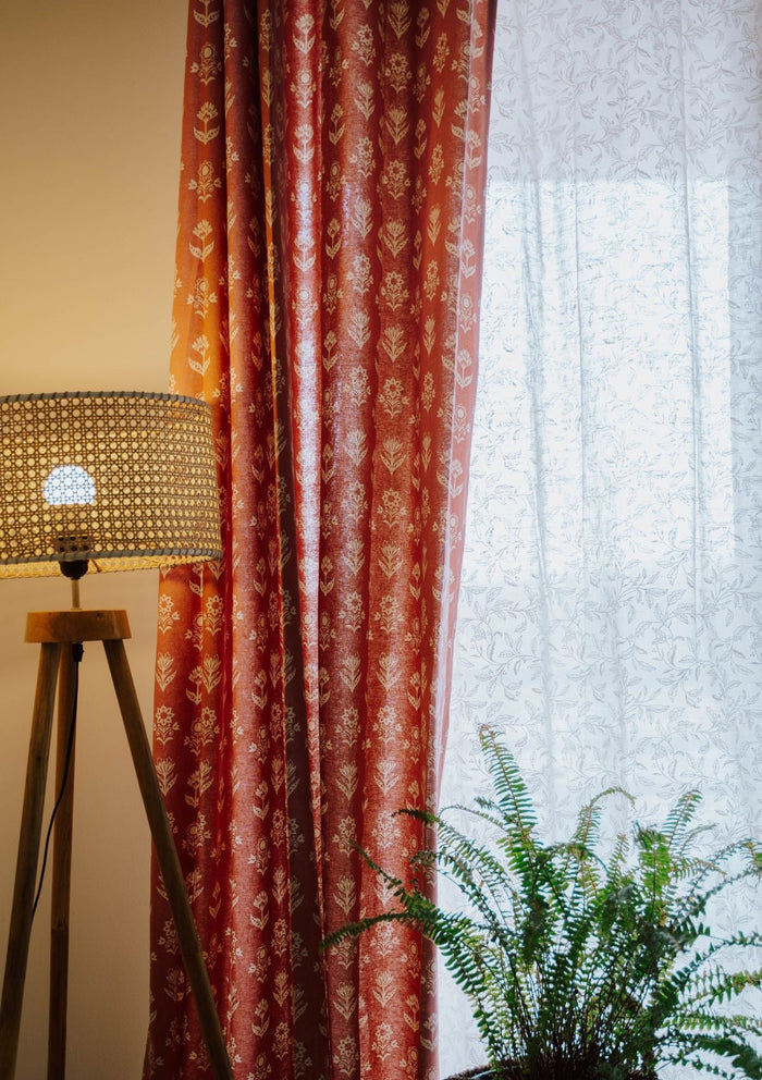 Dahlia 100% cotton floral curtain for living room - Room darkening - Rust - Single Piece