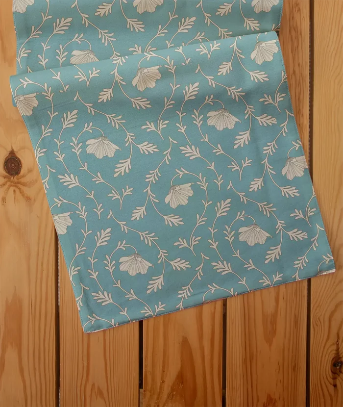 Eden aqua blue 100% cotton floral table runner for 4 seater or 6 seater dining