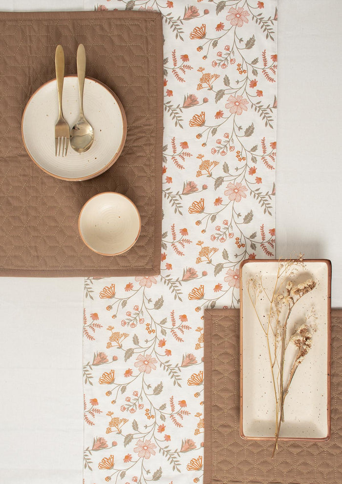 Forest bloom 100% cotton floral table runner for 4 seater or 6 seater Dining with tassels - Orange