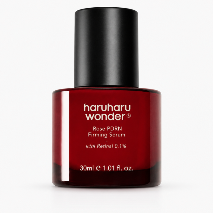 haruharu wonder rose pdrn firming serum with retinal 0.1% in a deep red glass bottle with a matte black cap, 30ml, on a white background