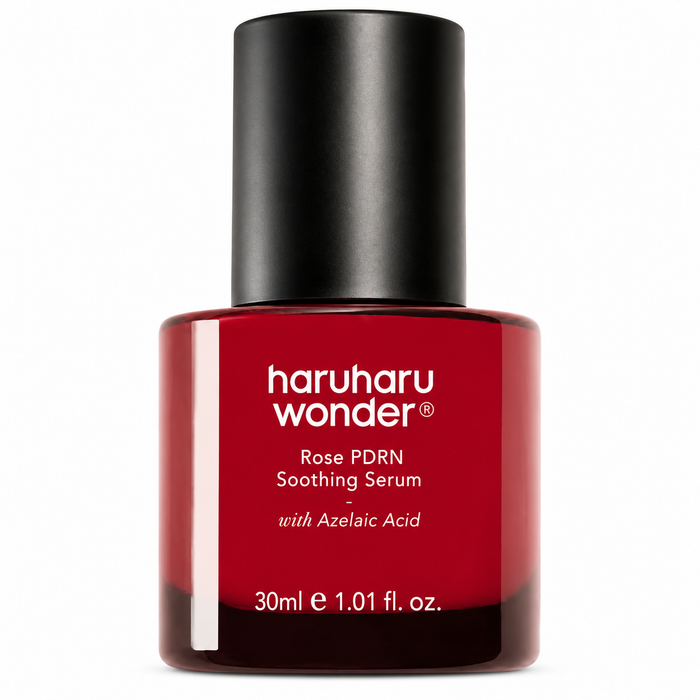 haruharu wonder rose pdrn soothing serum with azelaic acid in a deep red glass bottle with a matte black cap, 30ml, front-facing on a white background