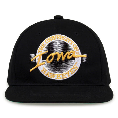 Iowa Retro Circle snapback hat in black, front view