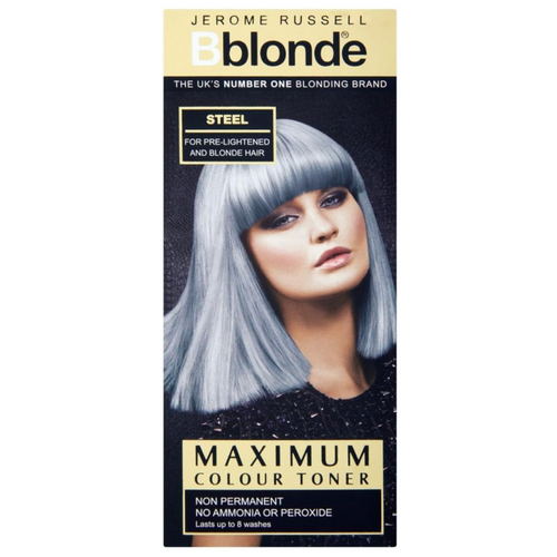 Jerome Russell Bblonde Maximum Colour Toner Steel 75ml retail box on a white background, semi-permanent steel grey hair toner for pre-lightened and blonde hair.