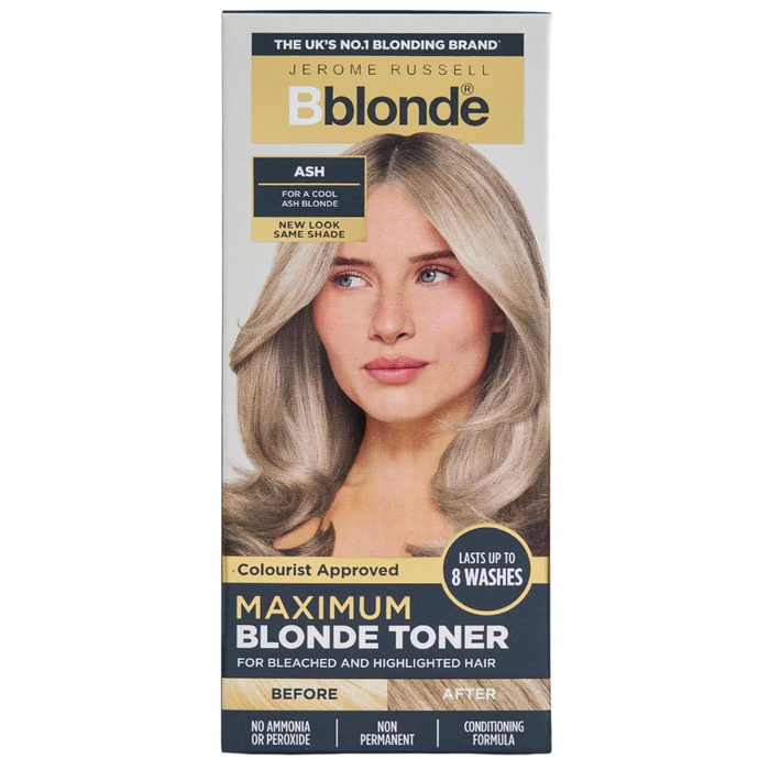 Jerome Russell Bblonde Maximum Blonde Toner Ash 75ml retail box on a white background, semi-permanent toner for cool ash blonde hair.