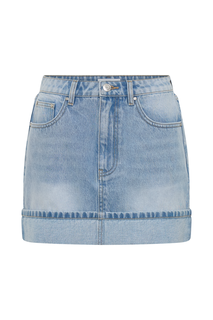 Lakoda Cuffed Denim Mini Skirt - Washed Light Blue