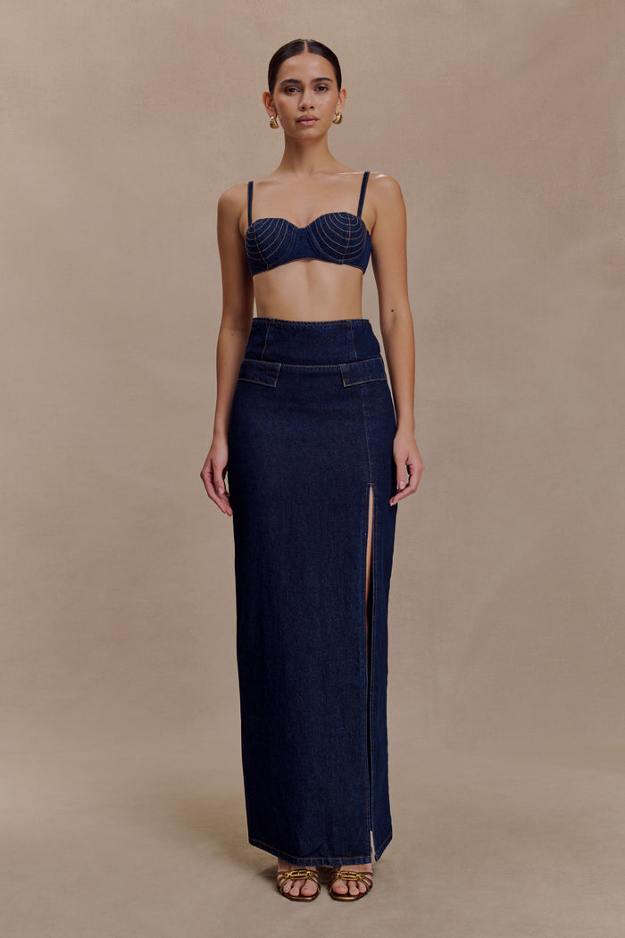 Maylena High Rise Denim Maxi Skirt - Indigo Blue