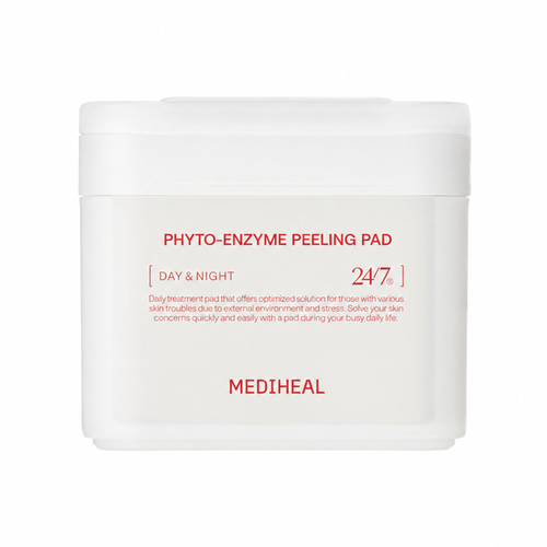 A white plastic jar of MEDIHEAL Phyto-Enzyme Peeling Pad with red text on a clean white background.