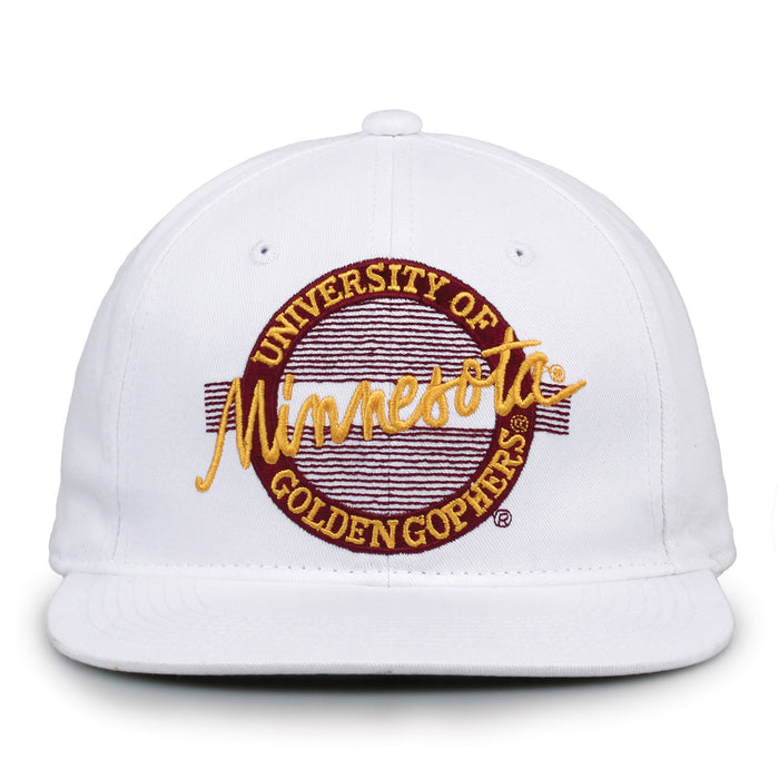 Minnesota Retro Circle snapback hat in white, front view