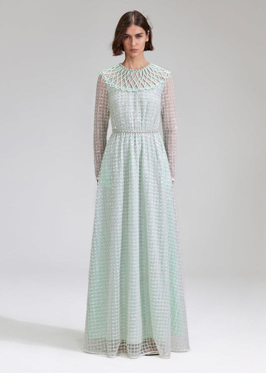 Mint Grid Sequin Pearl Maxi Dress