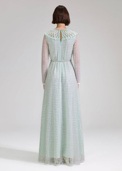 Mint Grid Sequin Pearl Maxi Dress