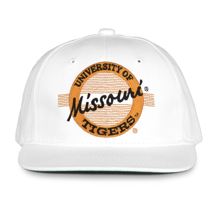 Missouri Retro Circle snapback hat in white, front view