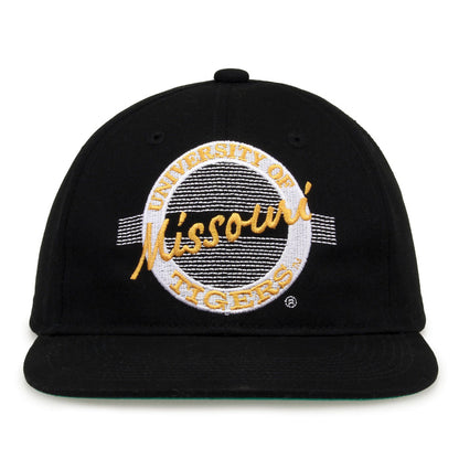 Missouri Retro Circle snapback hat in black, front view