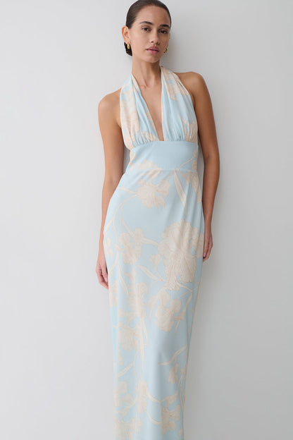 Nadine Halter Scarf Chiffon Maxi Dress - Blue Floral Print