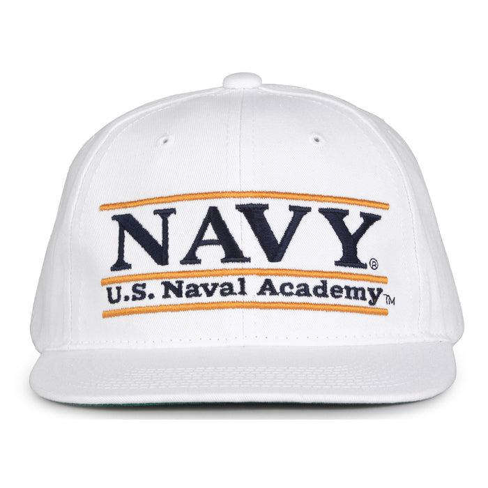 Navy Retro Bar snapback hat in white, front view