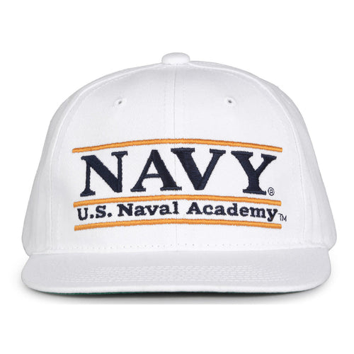 Navy Retro Bar snapback hat in white, front view