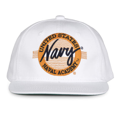 Navy Retro Circle snapback hat in white, front view