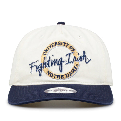 Notre Dame Original Circle snapback hat with embroidered school design, front view