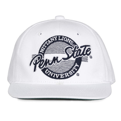 Penn State Retro Circle snapback hat in white, front view