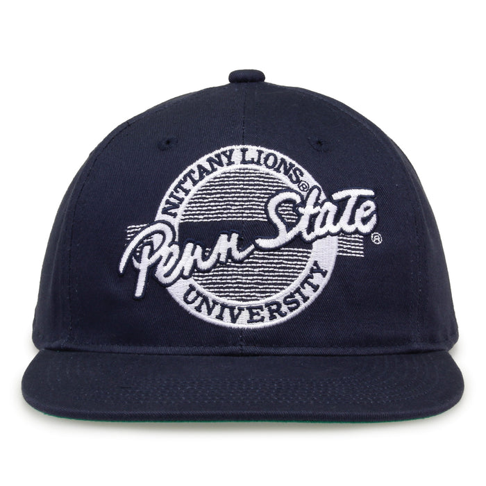 Penn State Retro Circle snapback hat in navy, front view