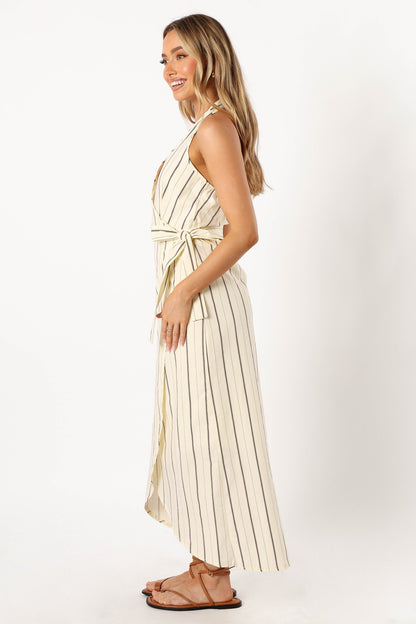 Abigail Wrap Midi Dress - Beige Stripe
