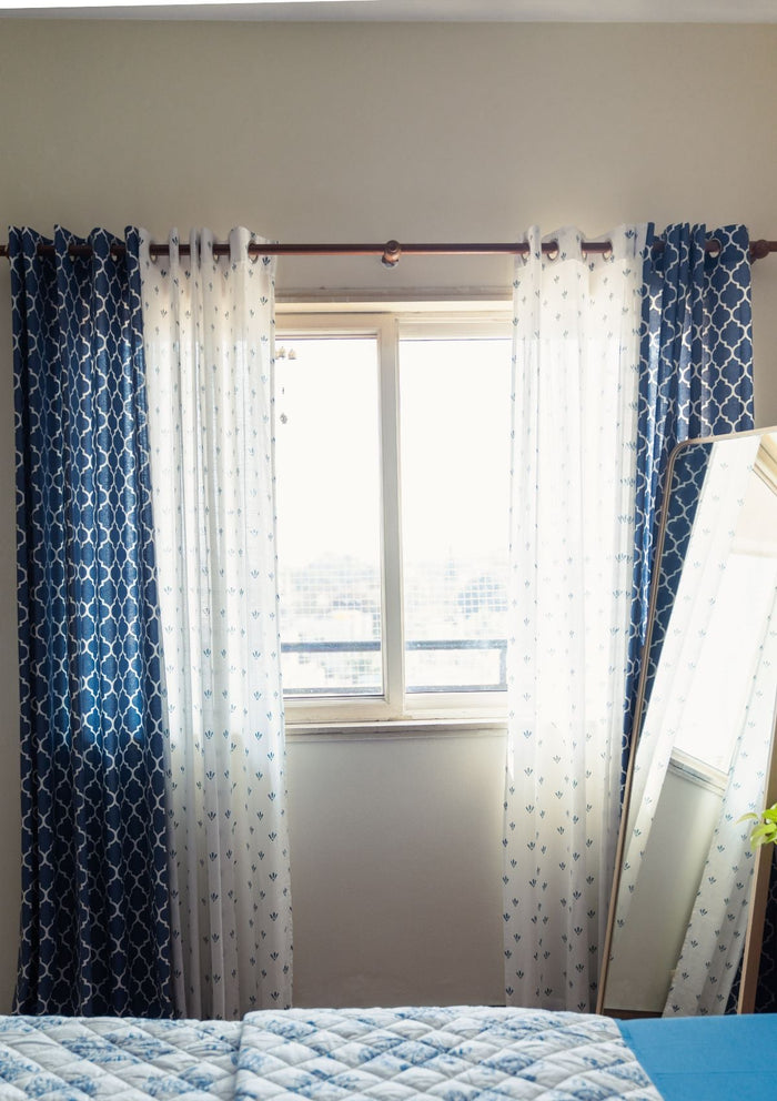 Reverse Trellis Royal Blue 100% cotton geometric curtain for bed room - Room darkening - Single Piece