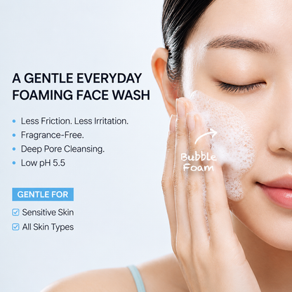 model gently cleansing her face with rich foam, highlighting a fragrance-free, low ph 5.5 foaming face wash suitable for sensitive skin and all skin types.