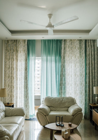Rustling Leaves Green 100% cotton floral curtain for bed room - Light Reduction - Single Piece