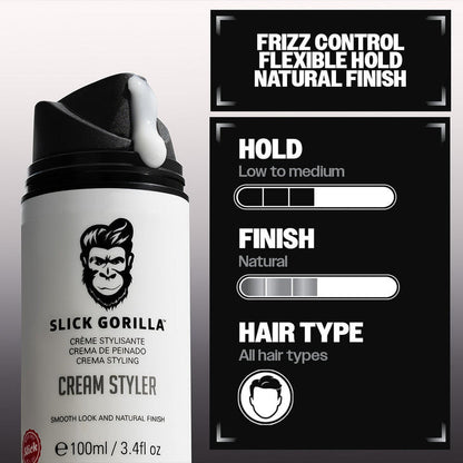 How to apply Slick Gorilla Cream Styler to damp or dry hair for natural texture and flexible hold. with the bottle on the left and hold, finish and hair types on the right