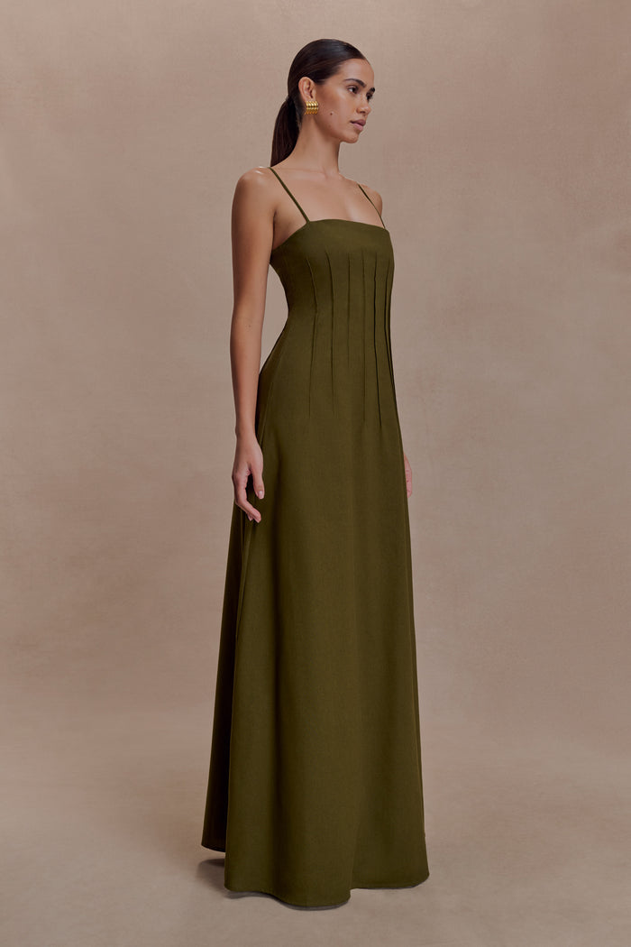 Sofie Pintuck Linen Maxi Dress - Khaki